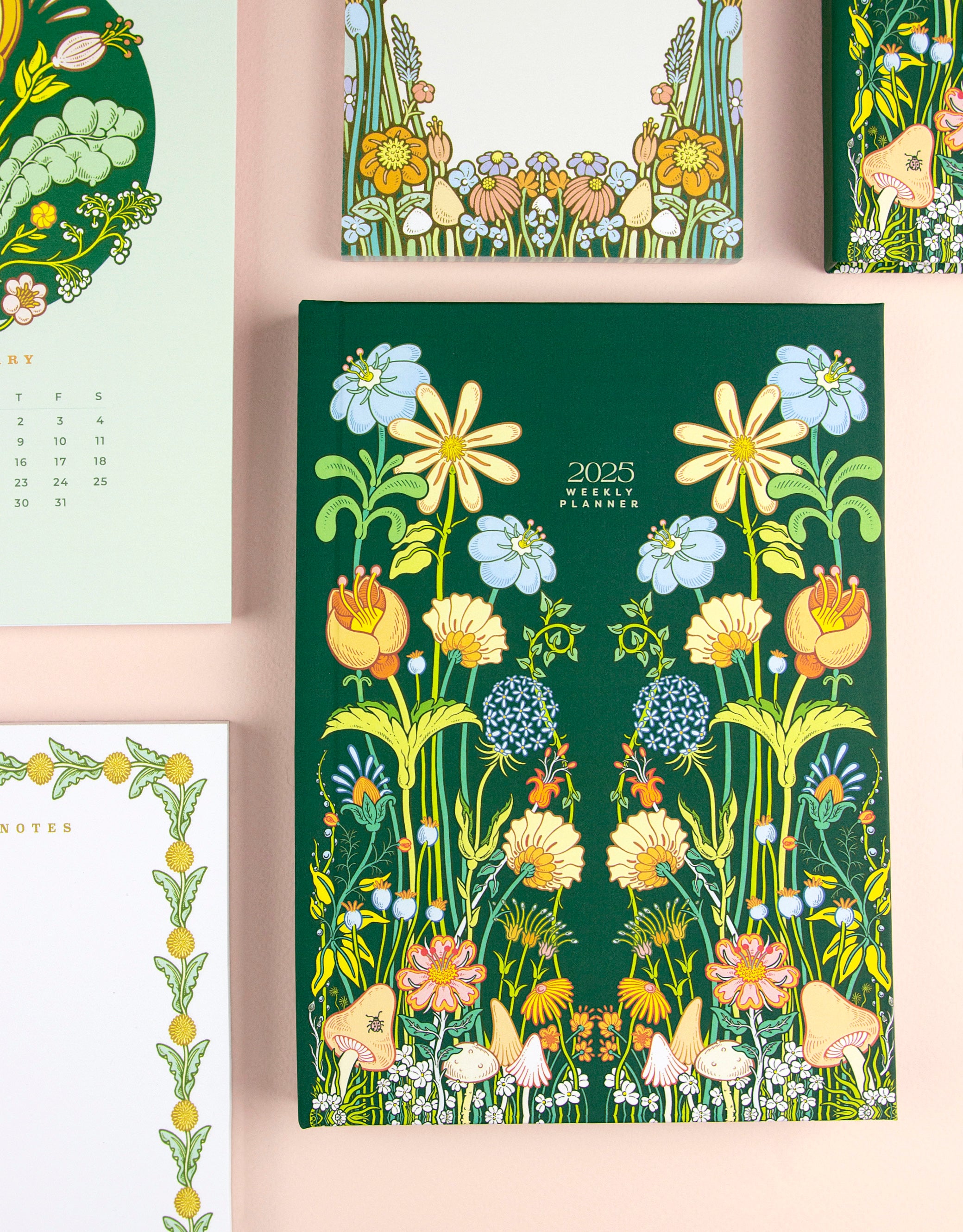 2025 weekly planner with fun and pretty colorful illustration in the cover featuring flowers mushrooms and plants