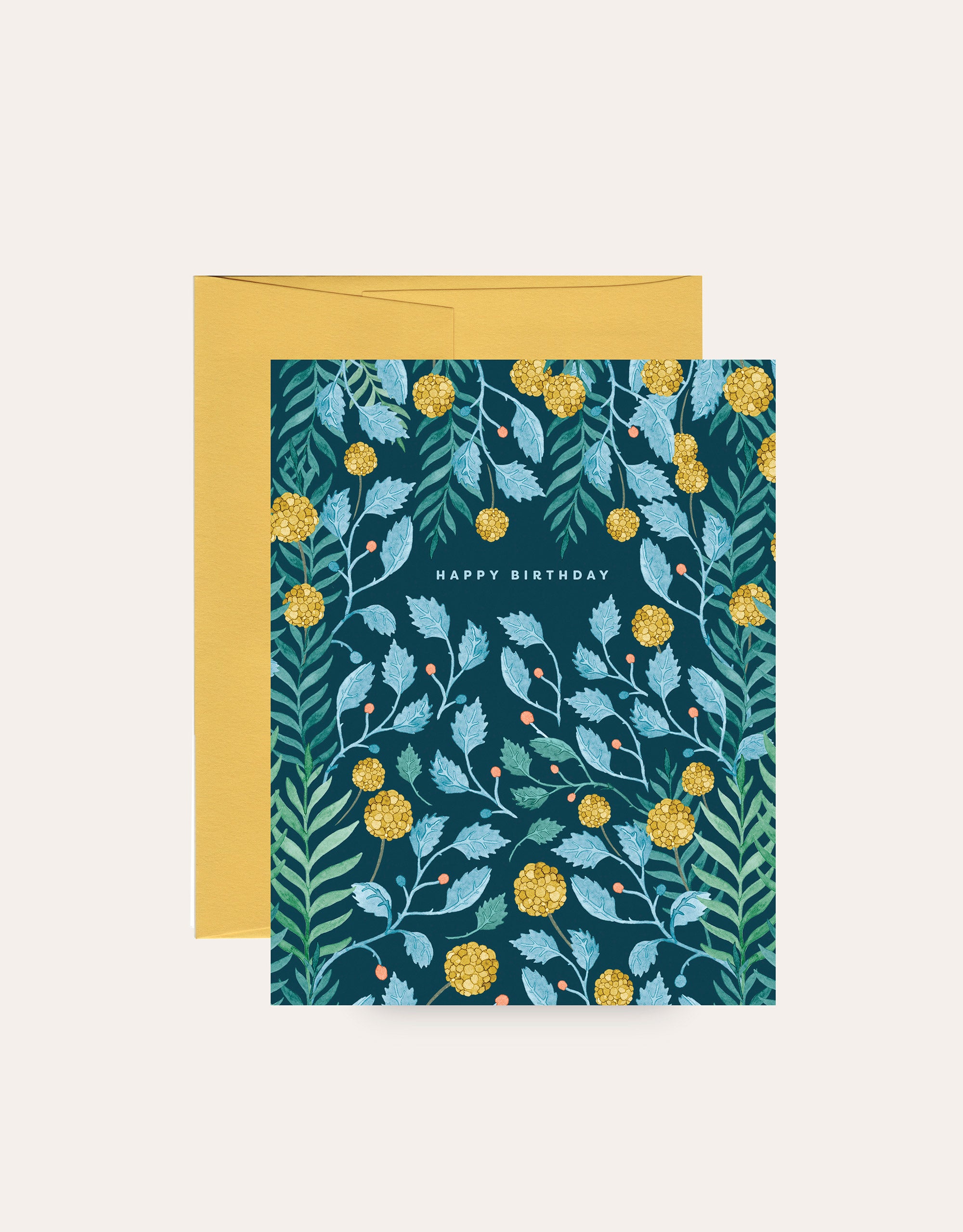 botanical happy birthday greeting card with yellow billy buttons